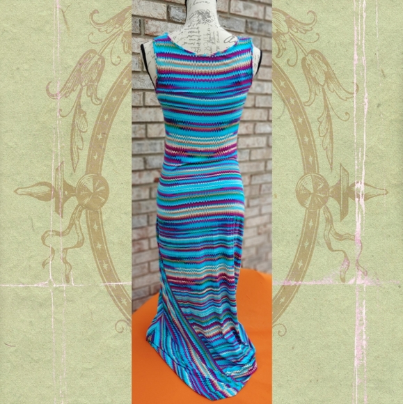 Calvin Klein Aqua Multi Abstract Zigzag Maxi Dress Sleeveless 6 - Picture 2 of 5